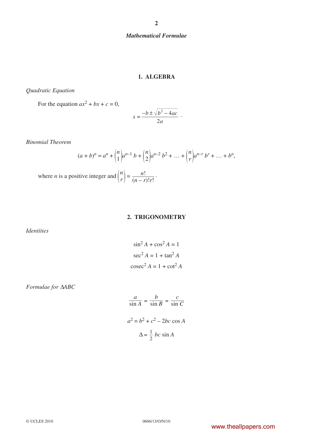 Cambridge IGCSE Mathematics - Additional 0606 2010 Oct/Nov Paper 1 · Variant 3 question paper, page 2 of 8