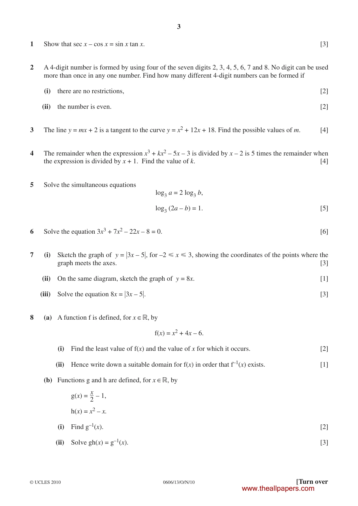 Cambridge IGCSE Mathematics - Additional 0606 2010 Oct/Nov Paper 1 · Variant 3 question paper, page 3 of 8