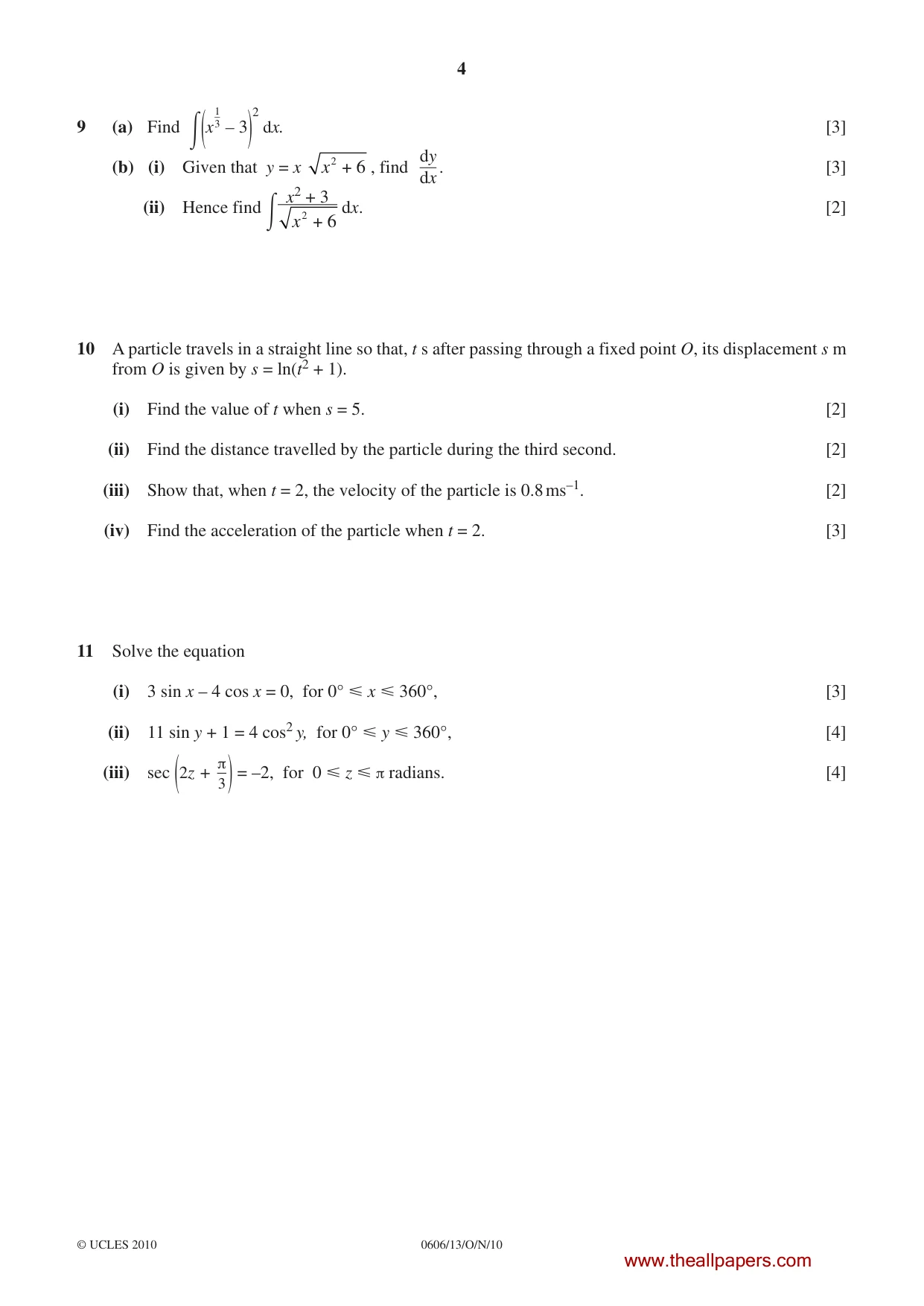Cambridge IGCSE Mathematics - Additional 0606 2010 Oct/Nov Paper 1 · Variant 3 question paper, page 4 of 8