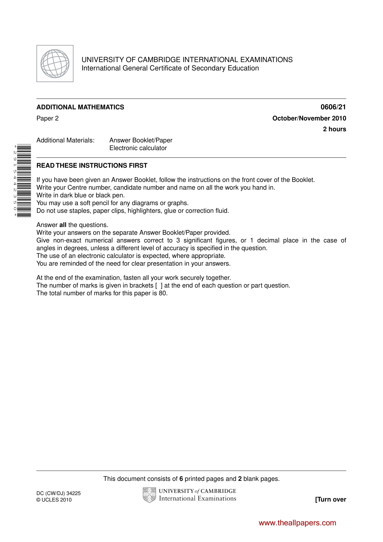 Cambridge IGCSE Mathematics - Additional 0606 2010 Oct/Nov Paper 2 · Variant 1 question paper, page 1 of 8