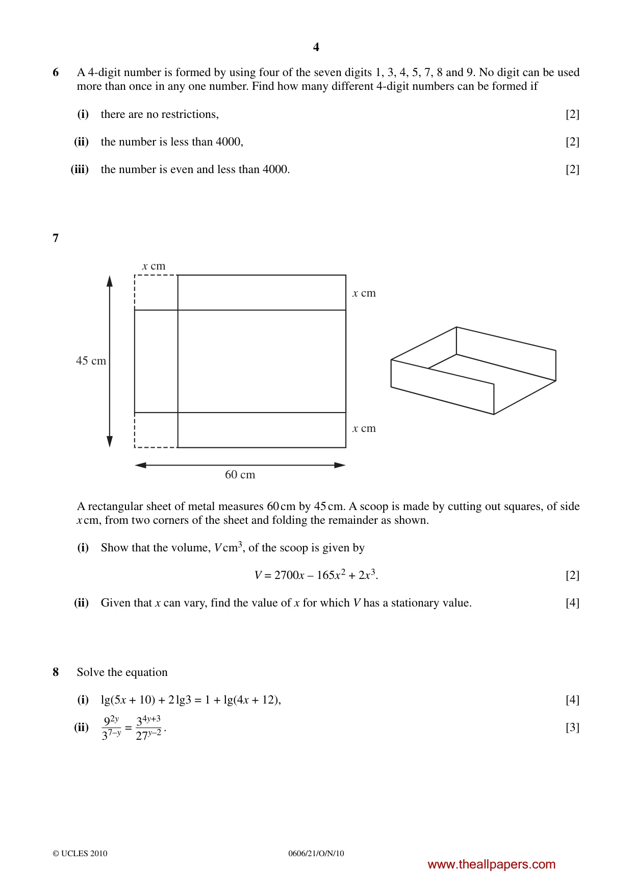 Cambridge IGCSE Mathematics - Additional 0606 2010 Oct/Nov Paper 2 · Variant 1 question paper, page 4 of 8