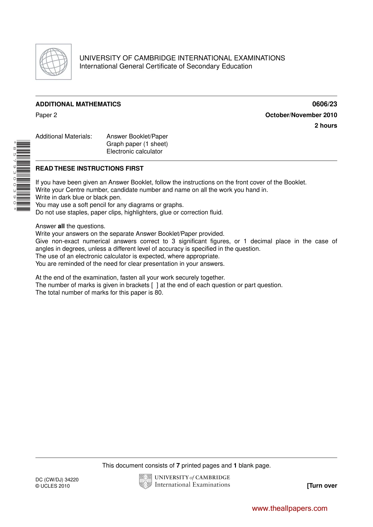 Cambridge IGCSE Mathematics - Additional 0606 2010 Oct/Nov Paper 2 · Variant 3 question paper, page 1 of 8