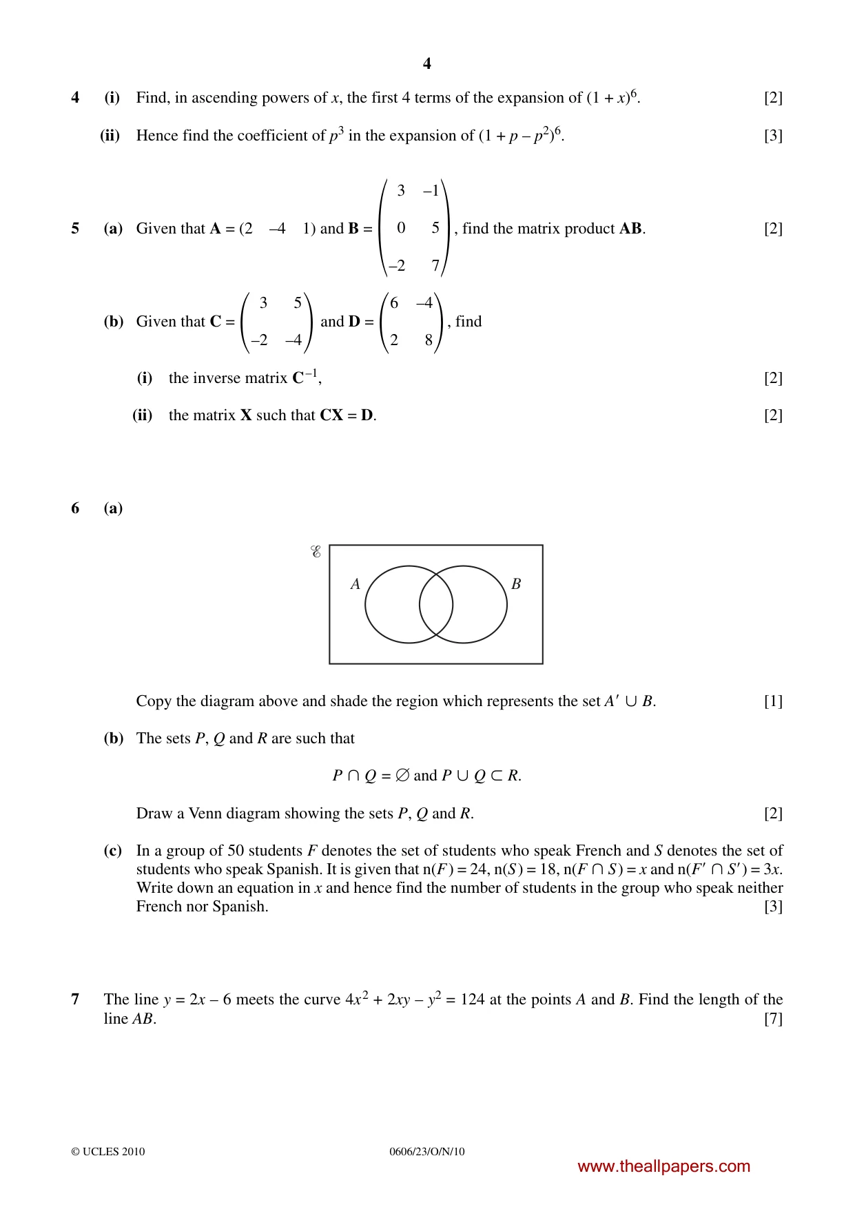 Cambridge IGCSE Mathematics - Additional 0606 2010 Oct/Nov Paper 2 · Variant 3 question paper, page 4 of 8