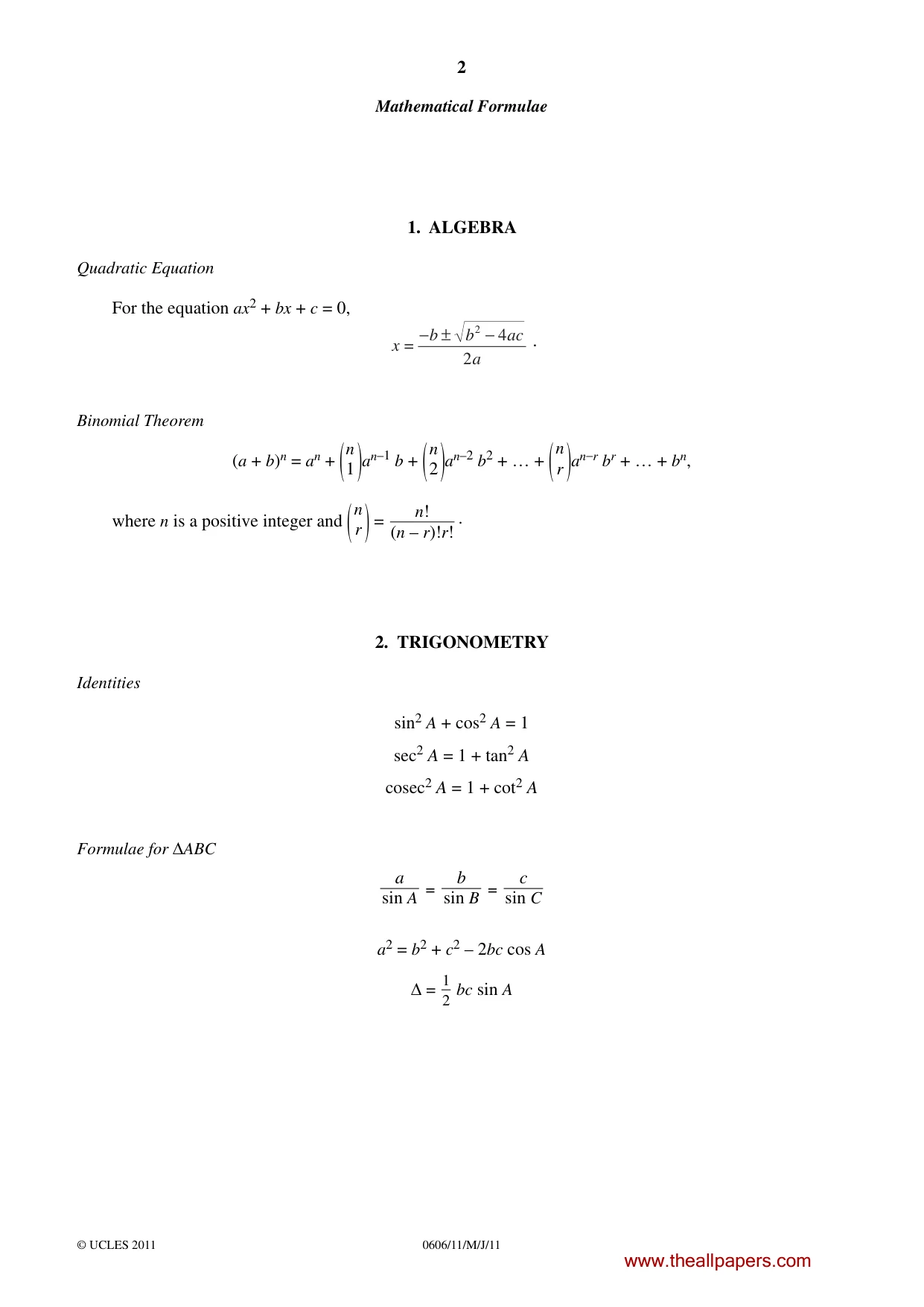 Cambridge IGCSE Mathematics - Additional 0606 2011 May/June Paper 1 · Variant 1 question paper, page 2 of 16