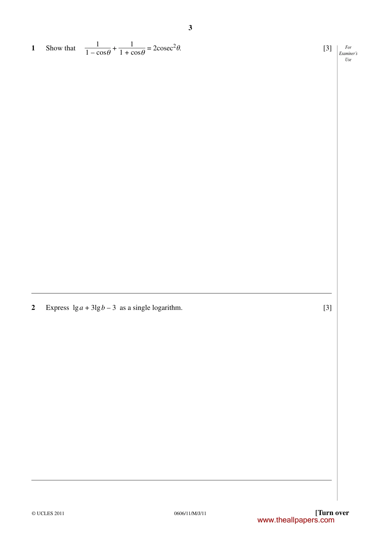 Cambridge IGCSE Mathematics - Additional 0606 2011 May/June Paper 1 · Variant 1 question paper, page 3 of 16