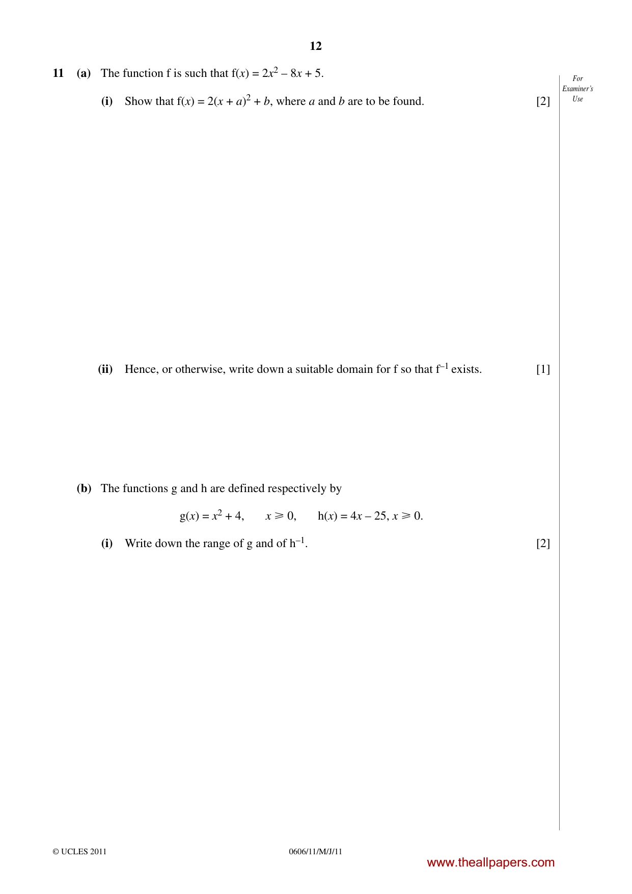 Cambridge IGCSE Mathematics - Additional 0606 2011 May/June Paper 1 · Variant 1 question paper, page 12 of 16