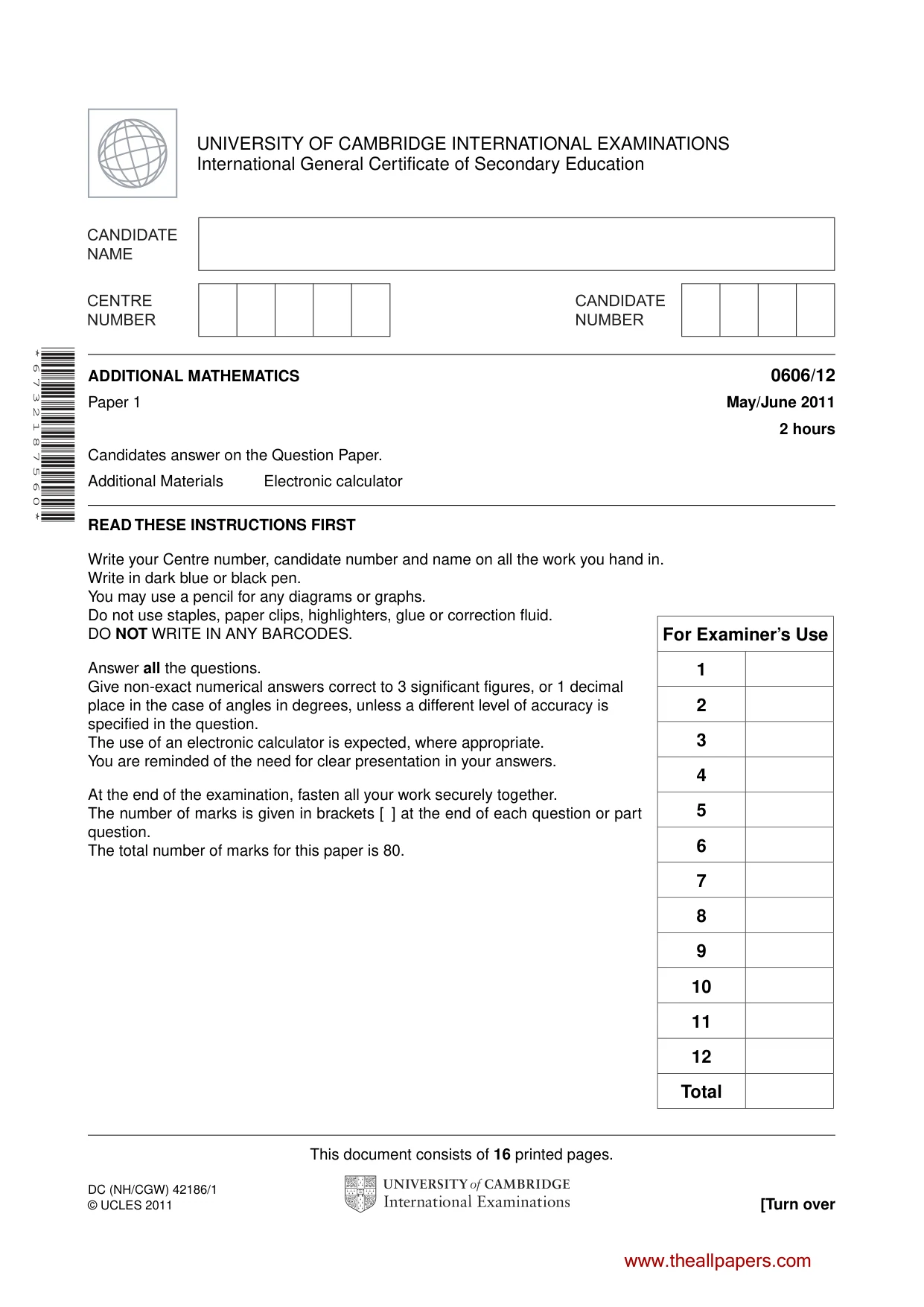 Cambridge IGCSE Mathematics - Additional 0606 2011 May/June Paper 1 · Variant 2 question paper, page 1 of 16