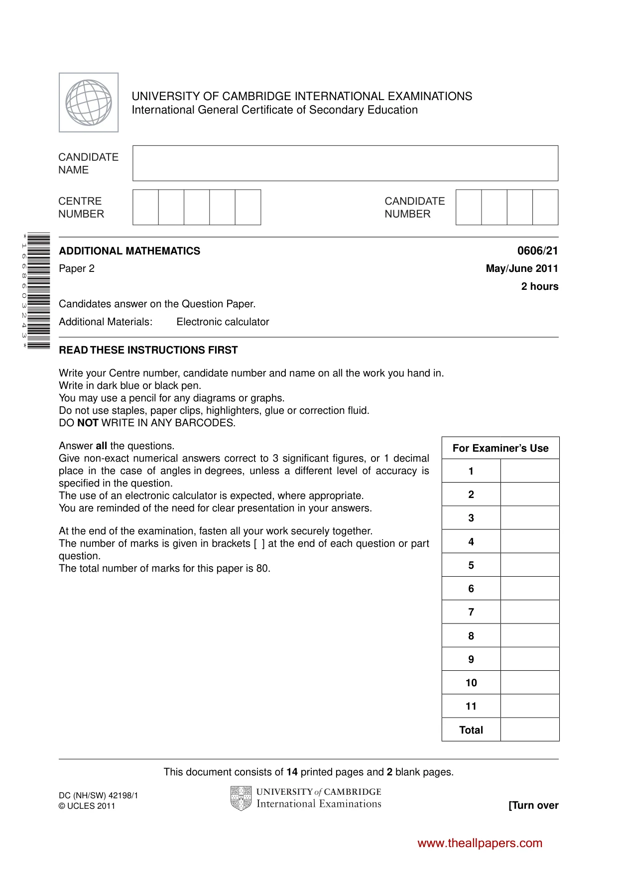 Cambridge IGCSE Mathematics - Additional 0606 2011 May/June Paper 2 · Variant 1 question paper, page 1 of 16