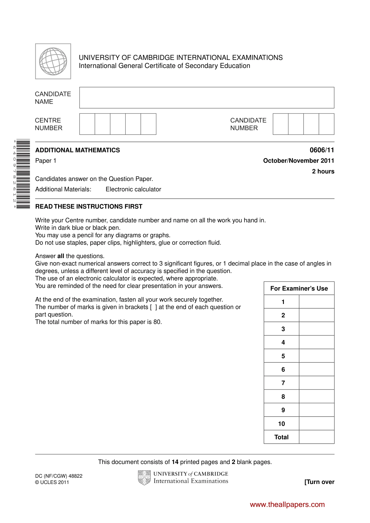 Cambridge IGCSE Mathematics - Additional 0606 2011 Oct/Nov Paper 1 · Variant 1 question paper, page 1 of 16