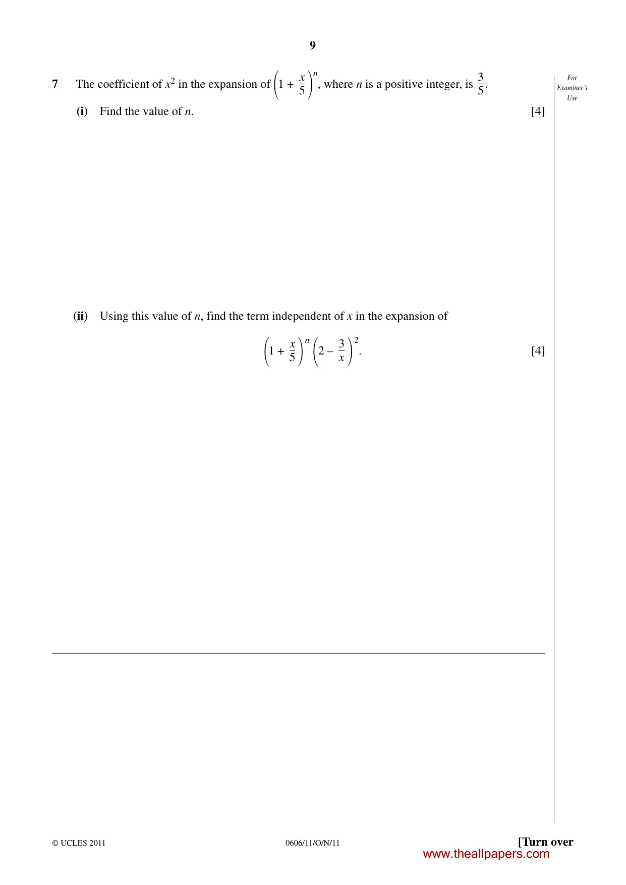Cambridge IGCSE Mathematics - Additional 0606 2011 Oct/Nov Paper 1 · Variant 1 question paper, page 9 of 16