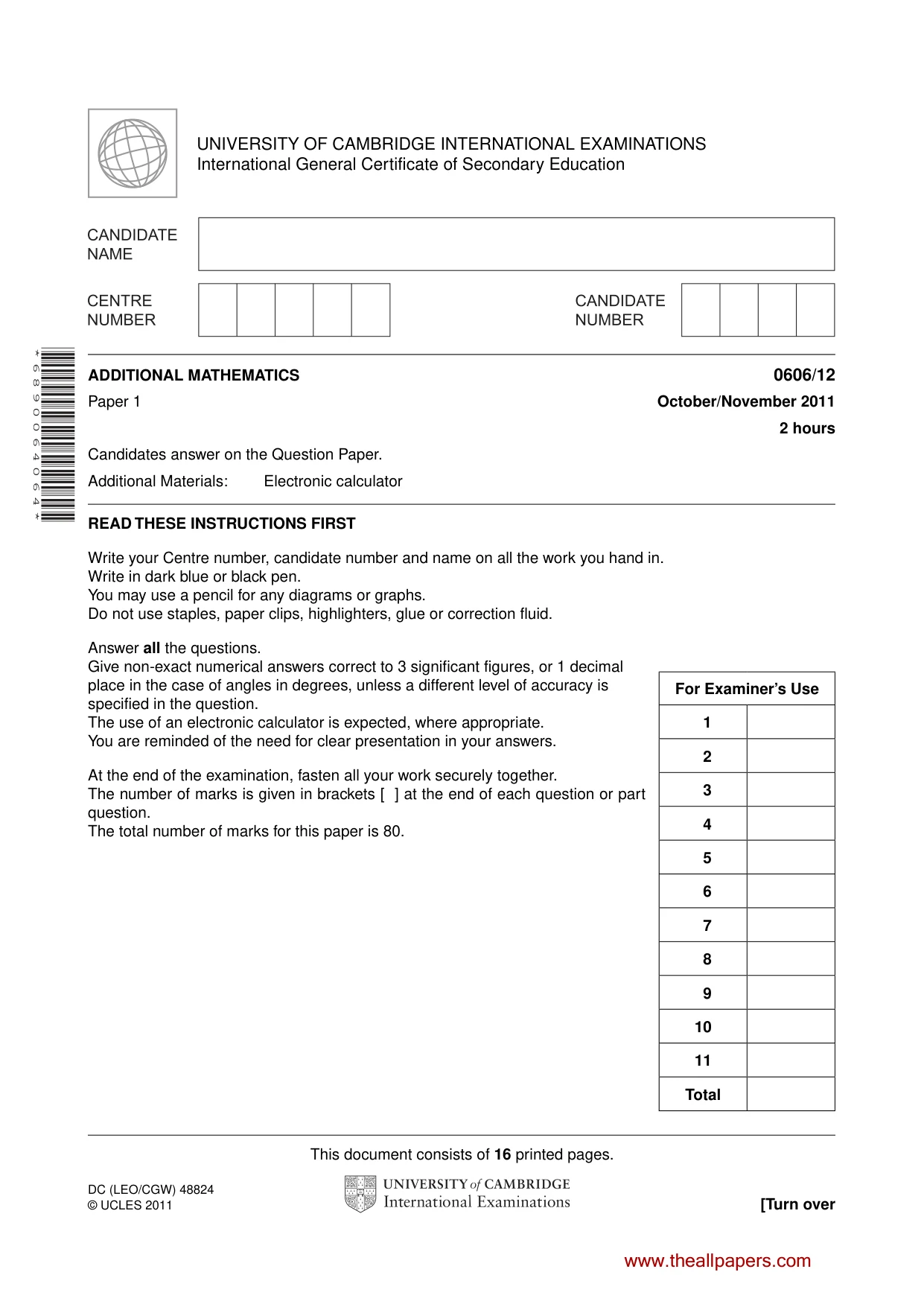 Cambridge IGCSE Mathematics - Additional 0606 2011 Oct/Nov Paper 1 · Variant 2 question paper, page 1 of 16