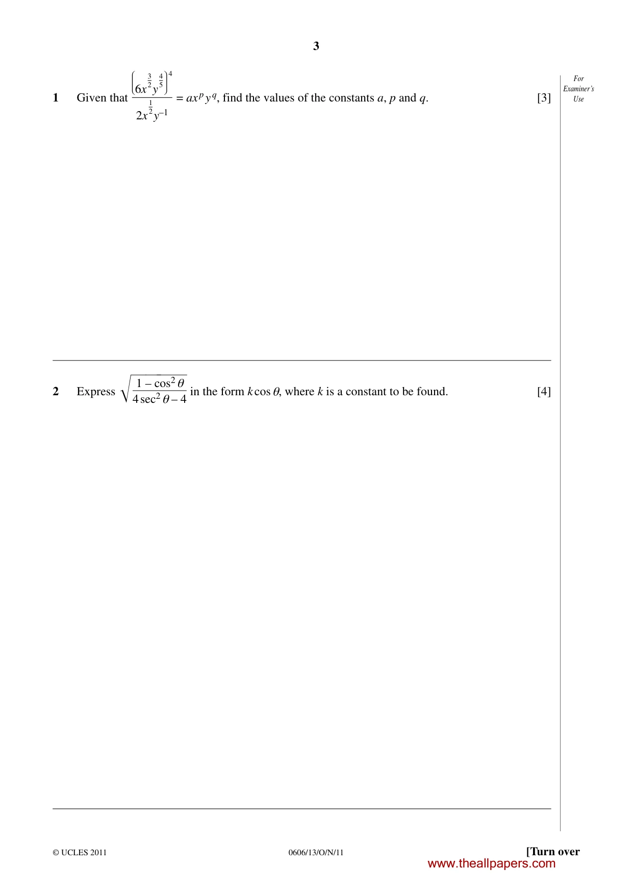 Cambridge IGCSE Mathematics - Additional 0606 2011 Oct/Nov Paper 1 · Variant 3 question paper, page 3 of 16