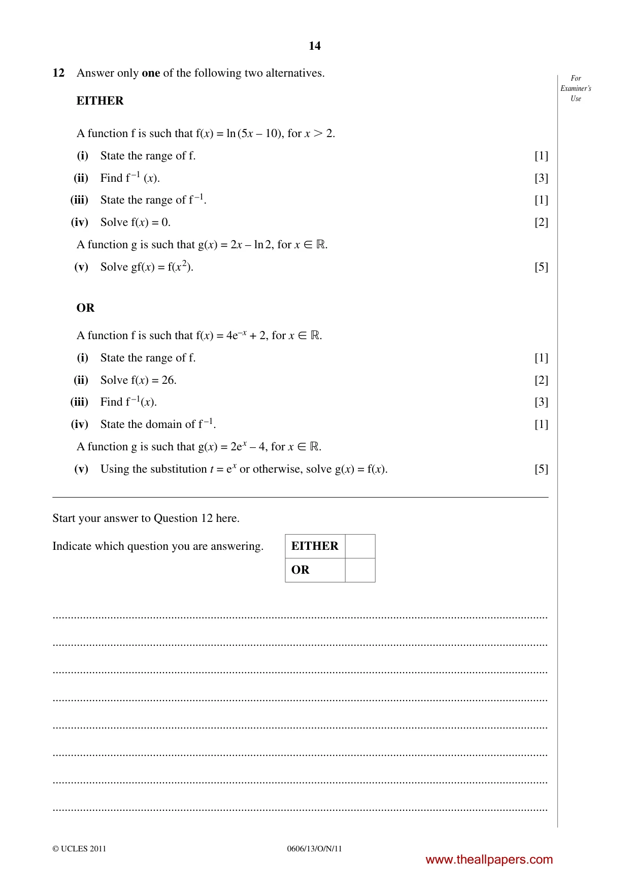 Cambridge IGCSE Mathematics - Additional 0606 2011 Oct/Nov Paper 1 · Variant 3 question paper, page 14 of 16