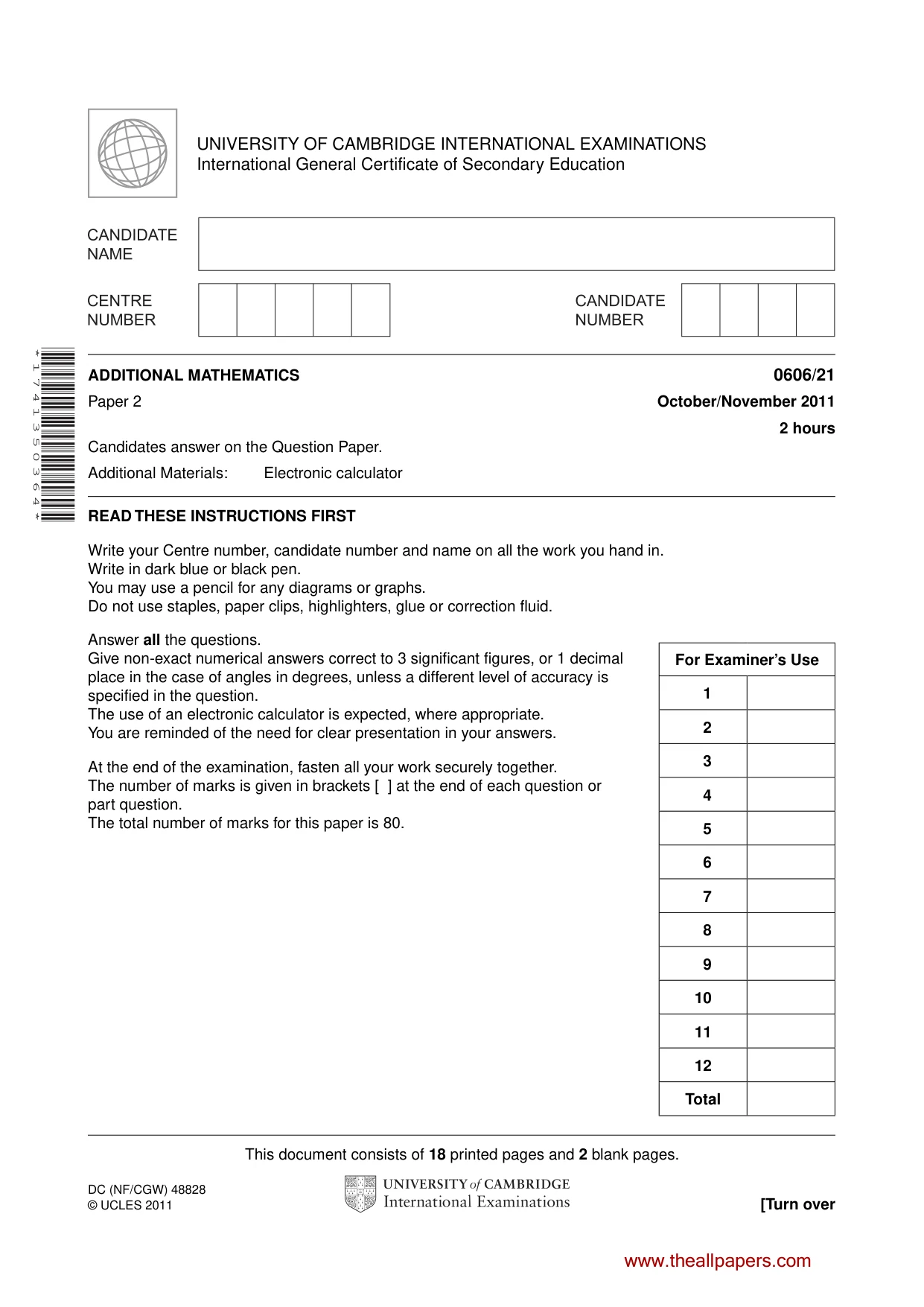 Cambridge IGCSE Mathematics - Additional 0606 2011 Oct/Nov Paper 2 · Variant 1 question paper, page 1 of 20
