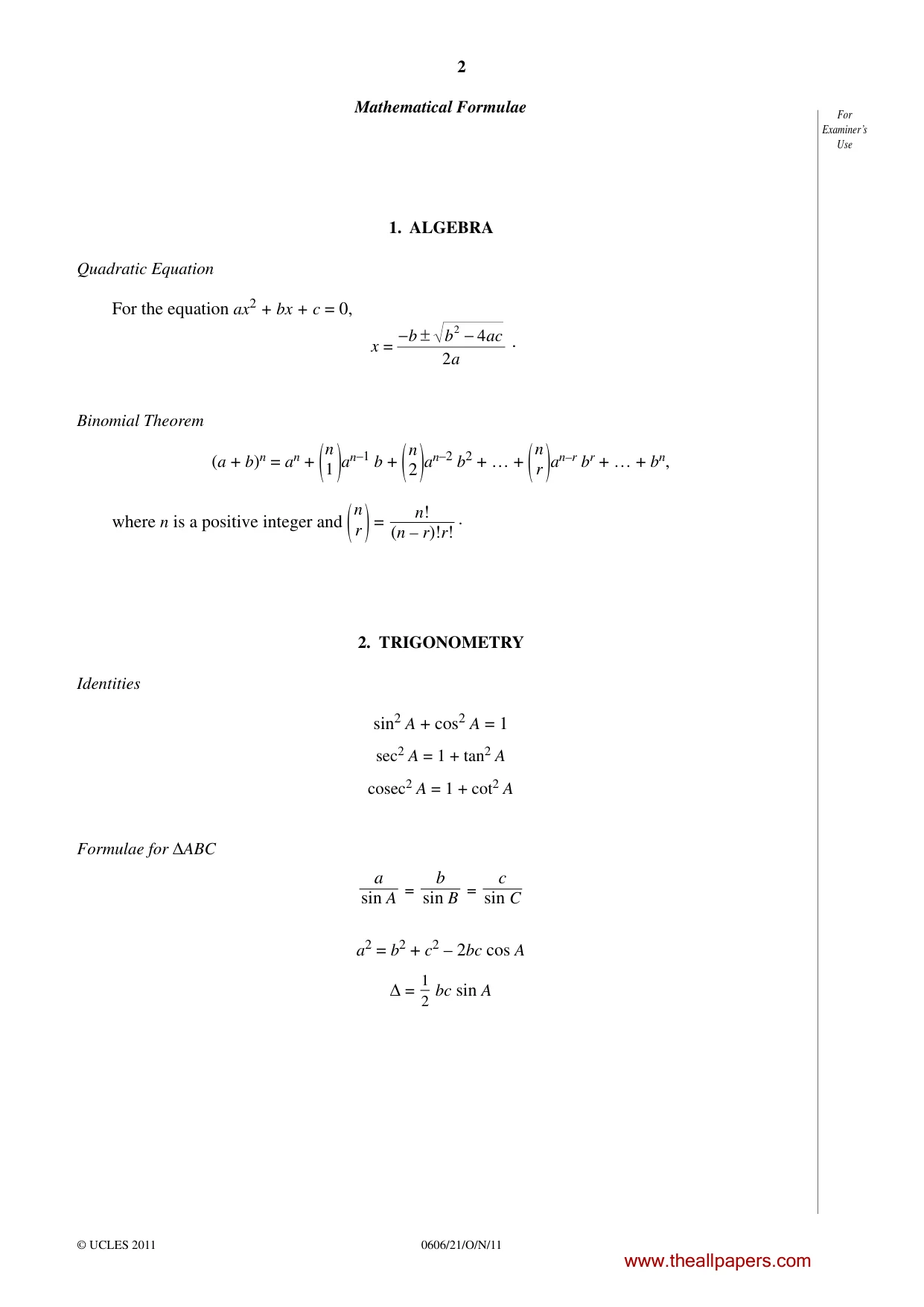 Cambridge IGCSE Mathematics - Additional 0606 2011 Oct/Nov Paper 2 · Variant 1 question paper, page 2 of 20
