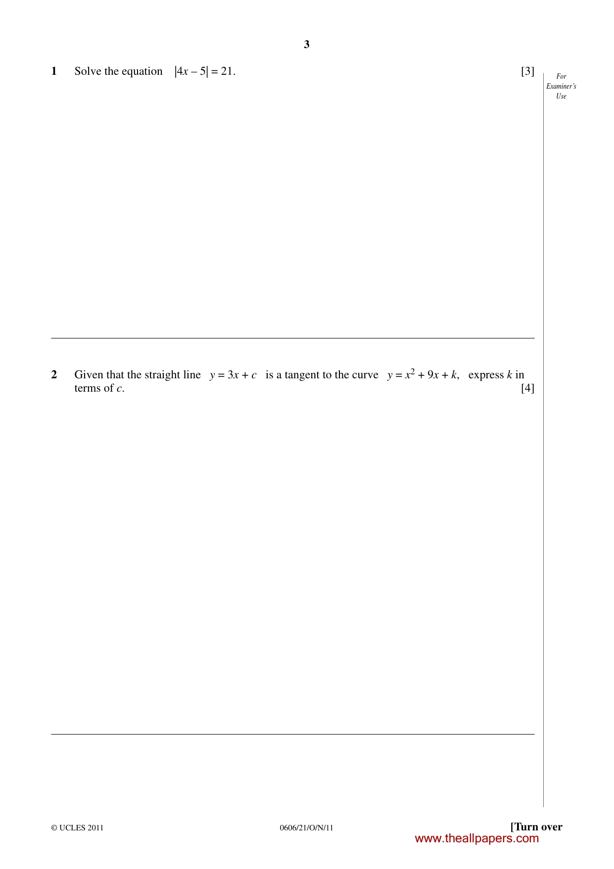 Cambridge IGCSE Mathematics - Additional 0606 2011 Oct/Nov Paper 2 · Variant 1 question paper, page 3 of 20