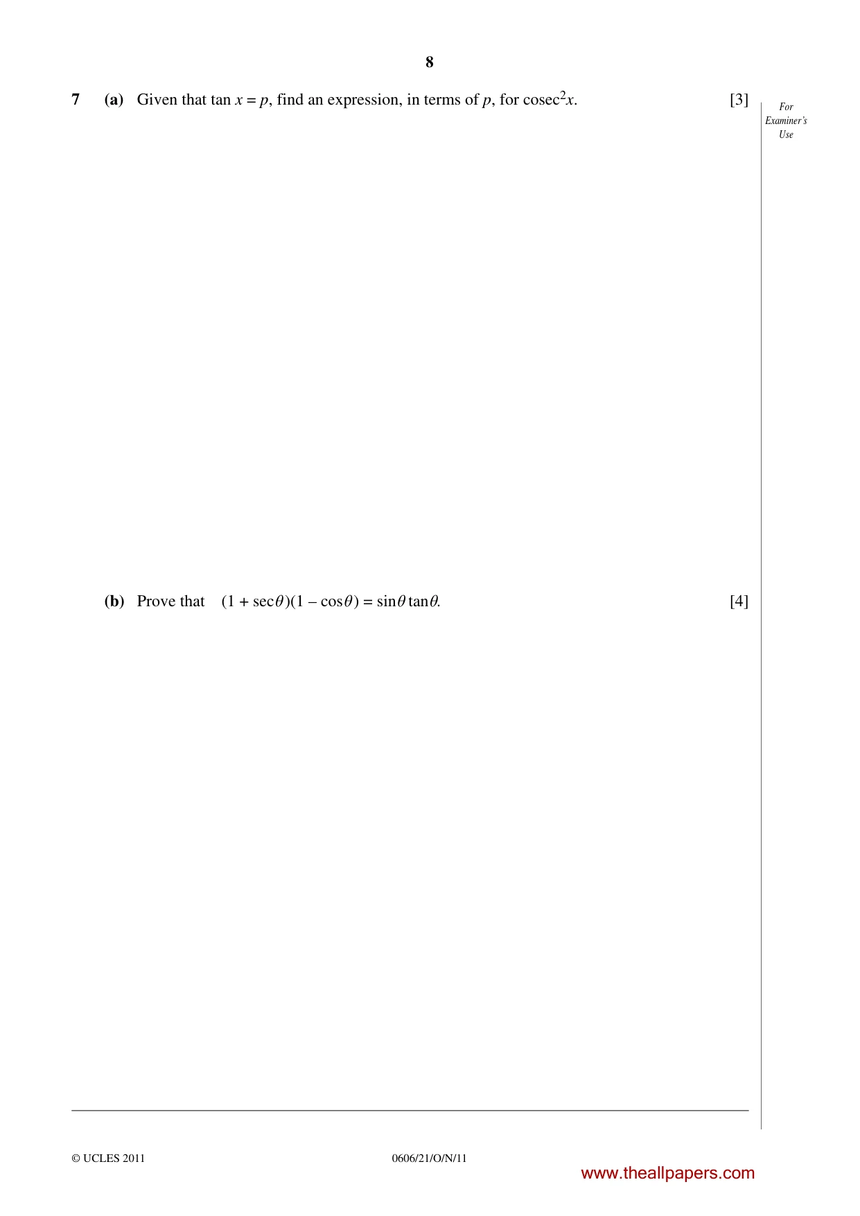 Cambridge IGCSE Mathematics - Additional 0606 2011 Oct/Nov Paper 2 · Variant 1 question paper, page 8 of 20