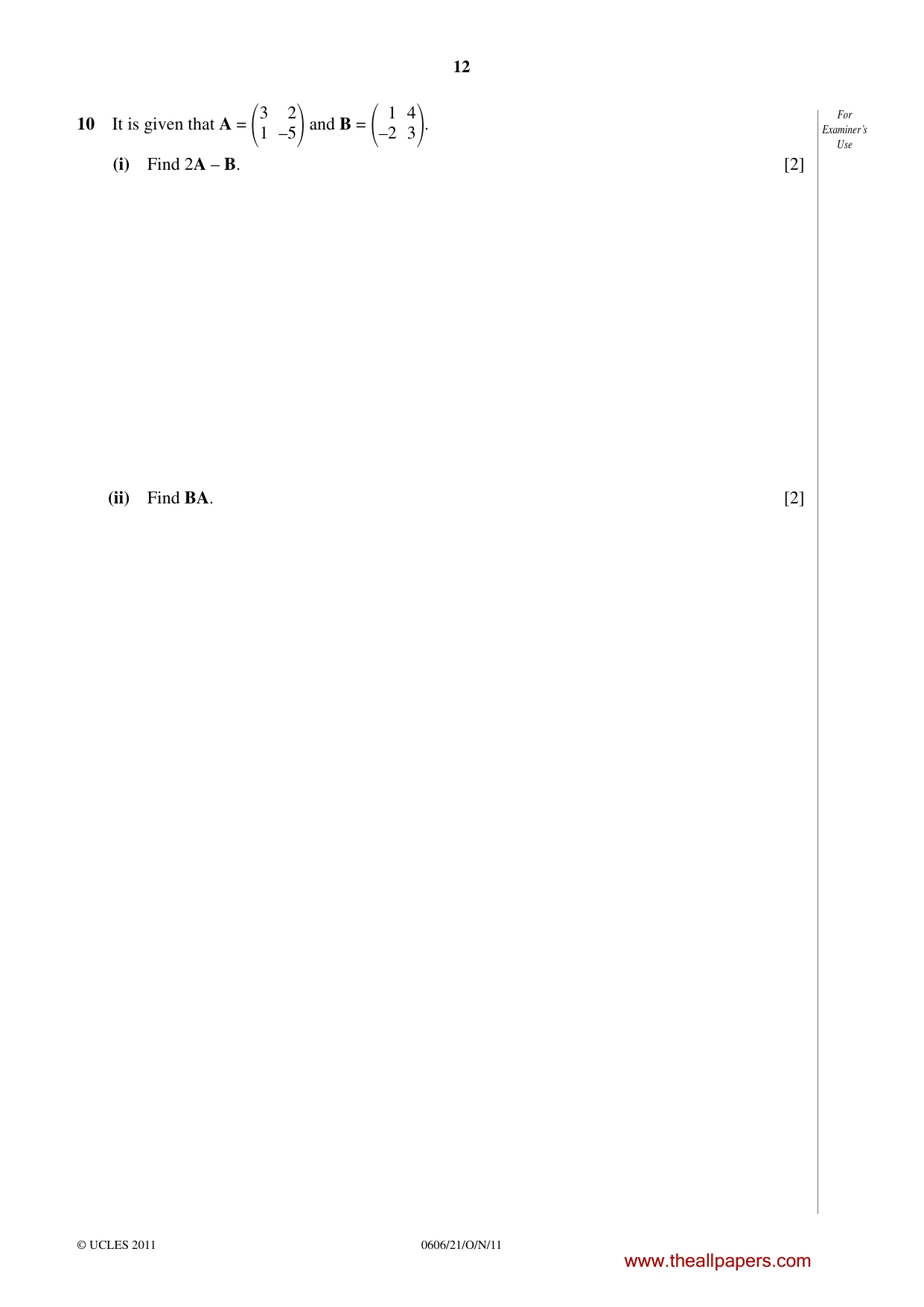 Cambridge IGCSE Mathematics - Additional 0606 2011 Oct/Nov Paper 2 · Variant 1 question paper, page 12 of 20