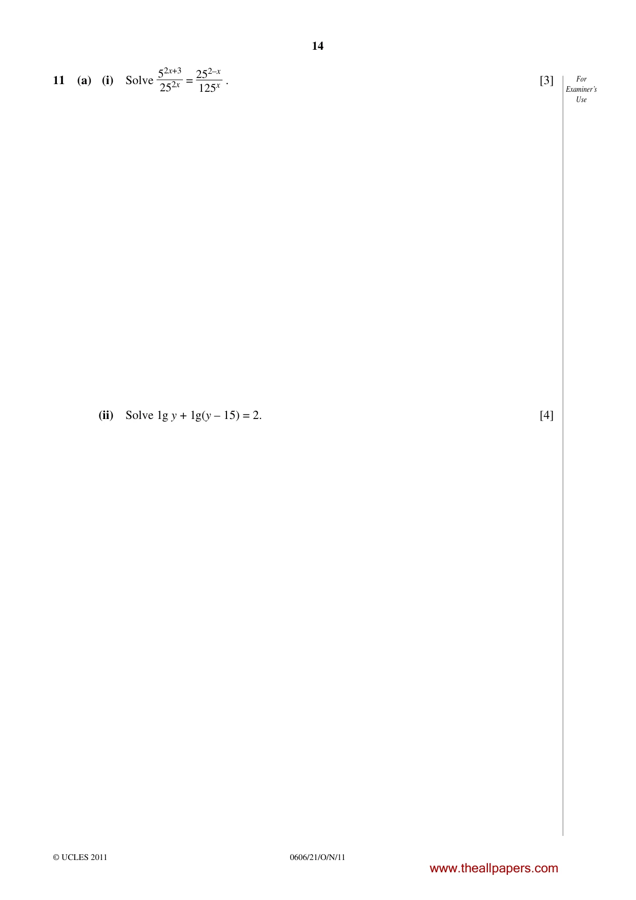 Cambridge IGCSE Mathematics - Additional 0606 2011 Oct/Nov Paper 2 · Variant 1 question paper, page 14 of 20
