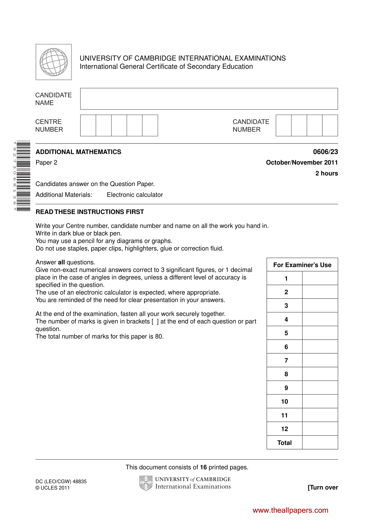 Cambridge IGCSE Mathematics - Additional 0606 2011 Oct/Nov Paper 2 · Variant 3 question paper, page 1 of 16