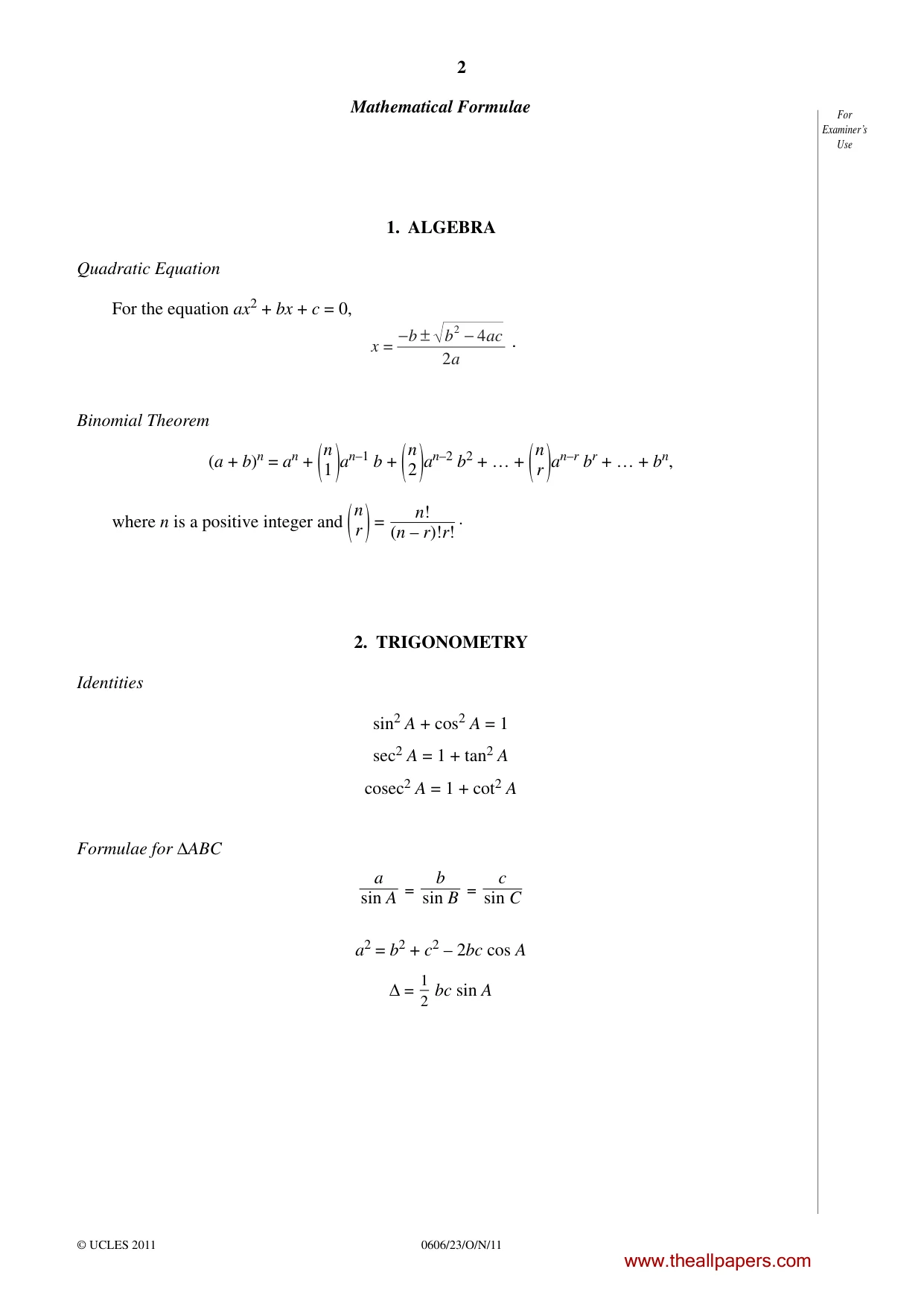 Cambridge IGCSE Mathematics - Additional 0606 2011 Oct/Nov Paper 2 · Variant 3 question paper, page 2 of 16