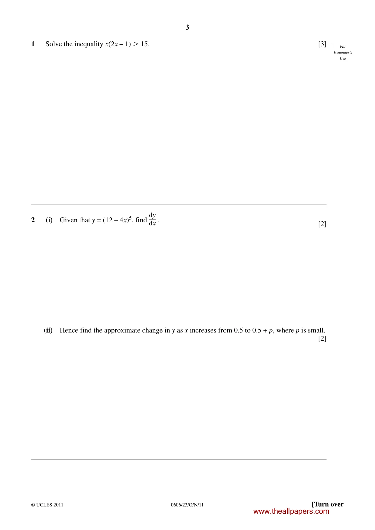 Cambridge IGCSE Mathematics - Additional 0606 2011 Oct/Nov Paper 2 · Variant 3 question paper, page 3 of 16
