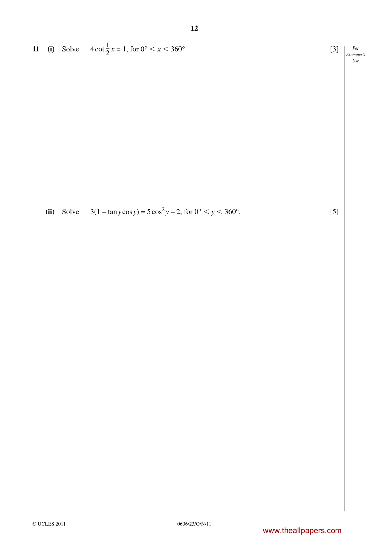 Cambridge IGCSE Mathematics - Additional 0606 2011 Oct/Nov Paper 2 · Variant 3 question paper, page 12 of 16