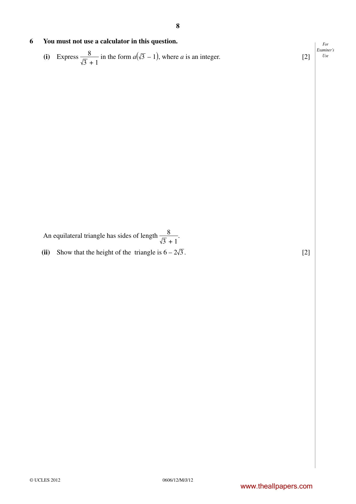 Cambridge IGCSE Mathematics - Additional 0606 2012 May/June Paper 1 · Variant 2 question paper, page 8 of 20