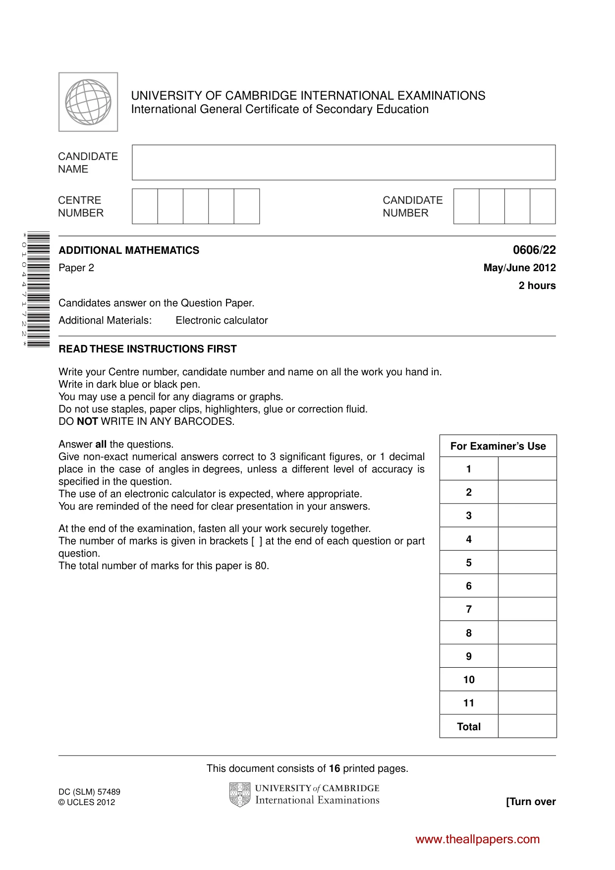 Cambridge IGCSE Mathematics - Additional 0606 2012 May/June Paper 2 · Variant 2 question paper, page 1 of 16