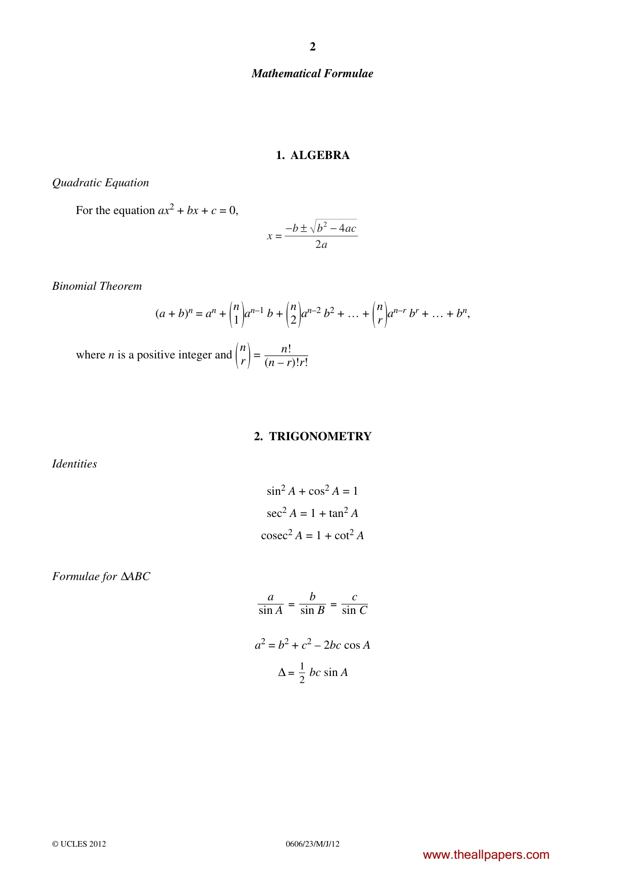 Cambridge IGCSE Mathematics - Additional 0606 2012 May/June Paper 2 · Variant 3 question paper, page 2 of 16