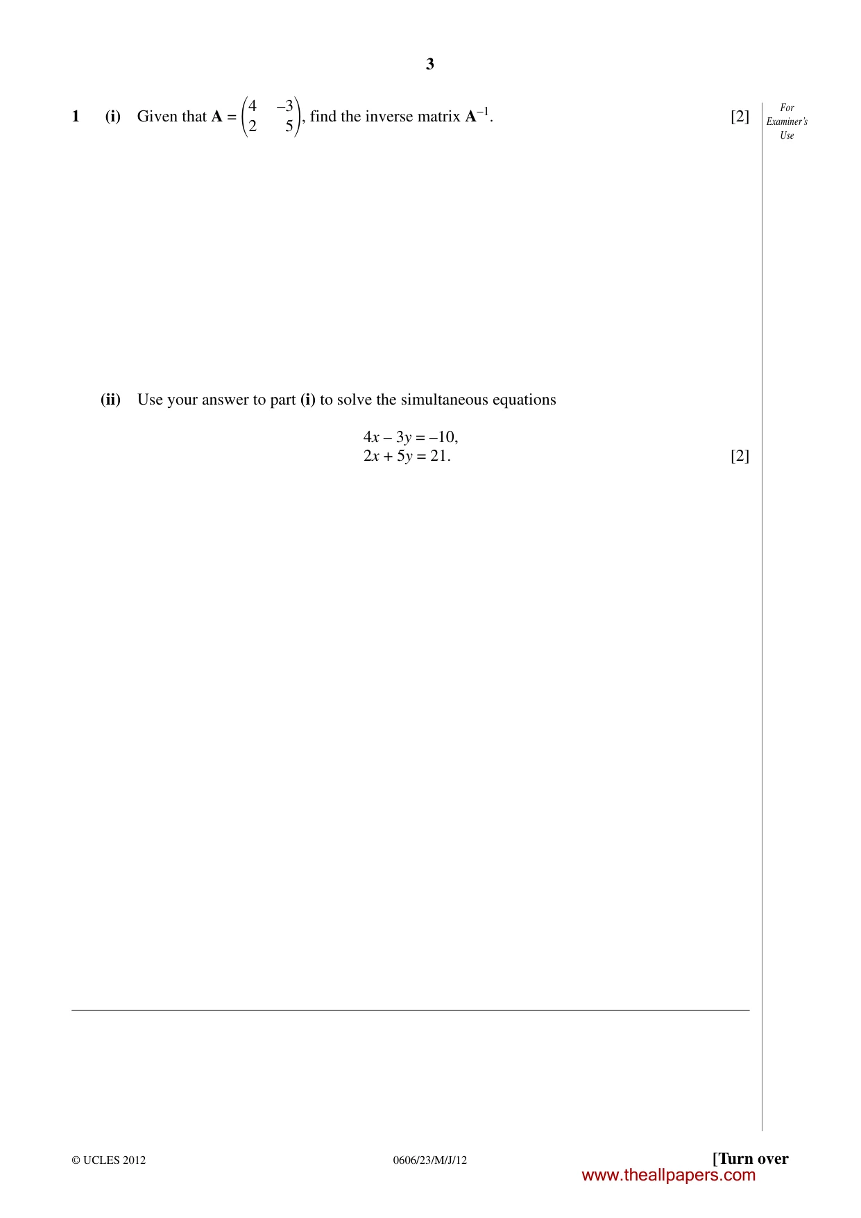 Cambridge IGCSE Mathematics - Additional 0606 2012 May/June Paper 2 · Variant 3 question paper, page 3 of 16