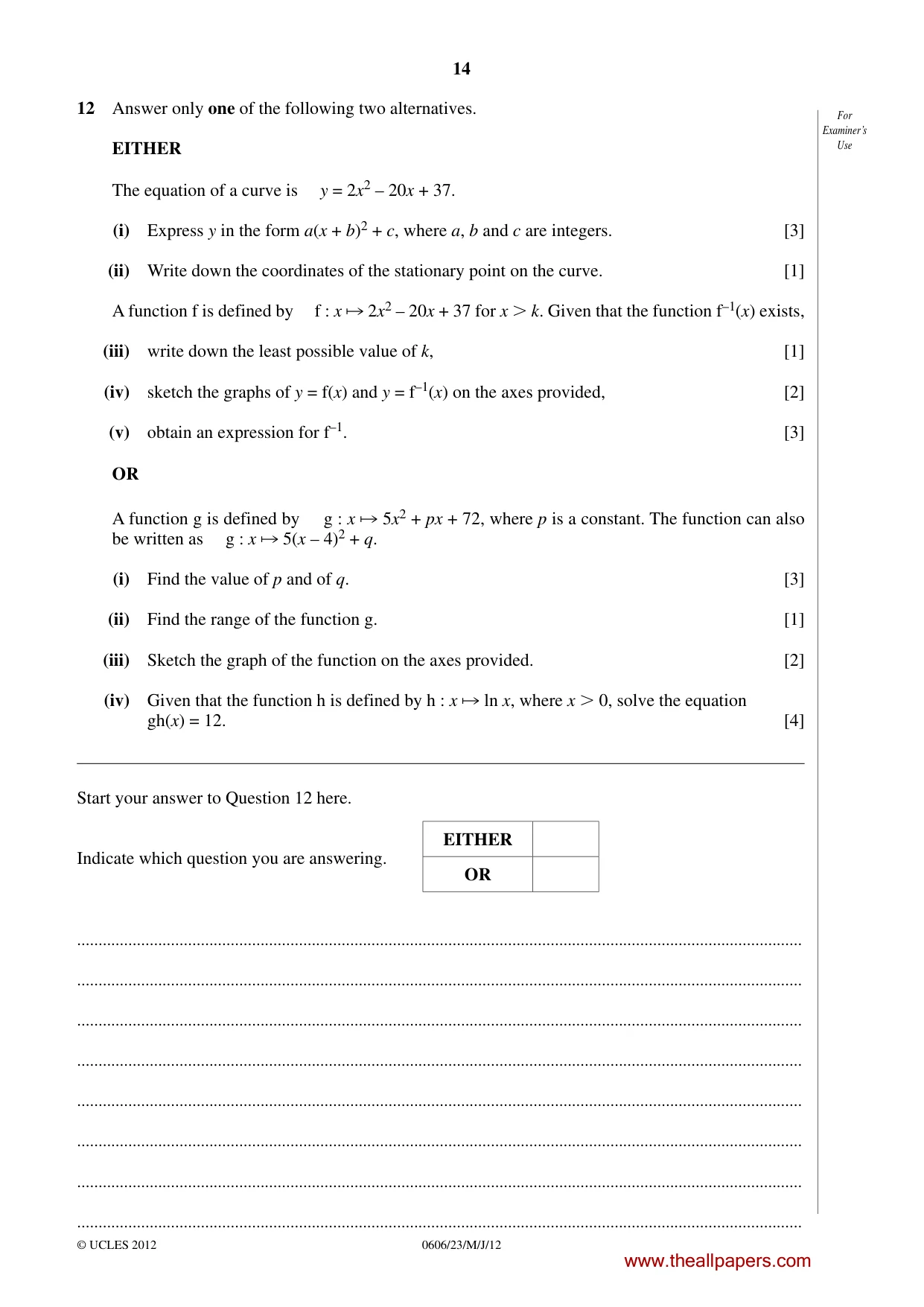 Cambridge IGCSE Mathematics - Additional 0606 2012 May/June Paper 2 · Variant 3 question paper, page 14 of 16