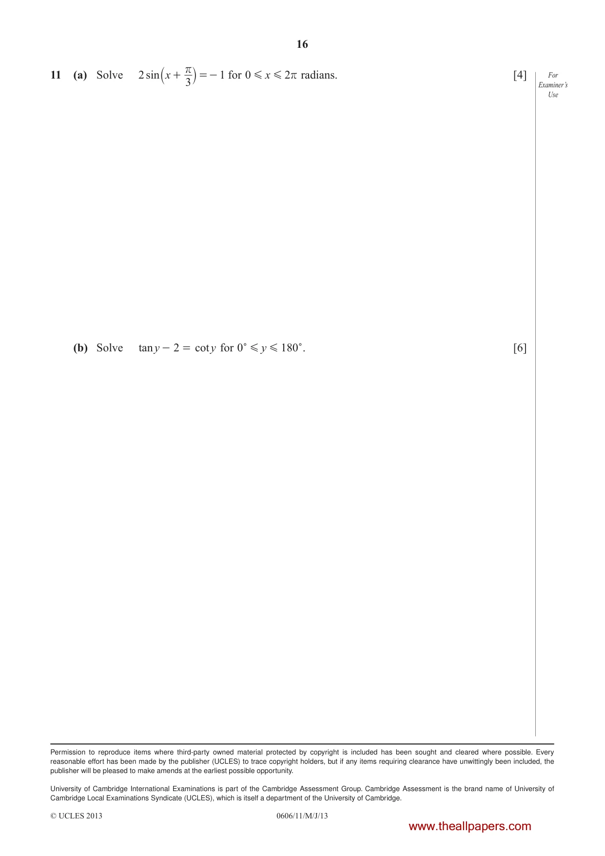 Cambridge IGCSE Mathematics - Additional 0606 2013 May/June Paper 1 · Variant 1 question paper, page 16 of 16