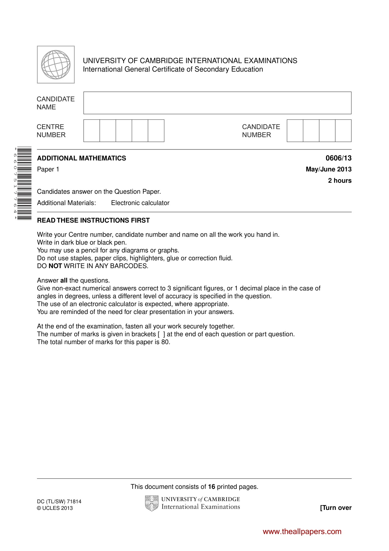 Cambridge IGCSE Mathematics - Additional 0606 2013 May/June Paper 1 · Variant 3 question paper, page 1 of 16