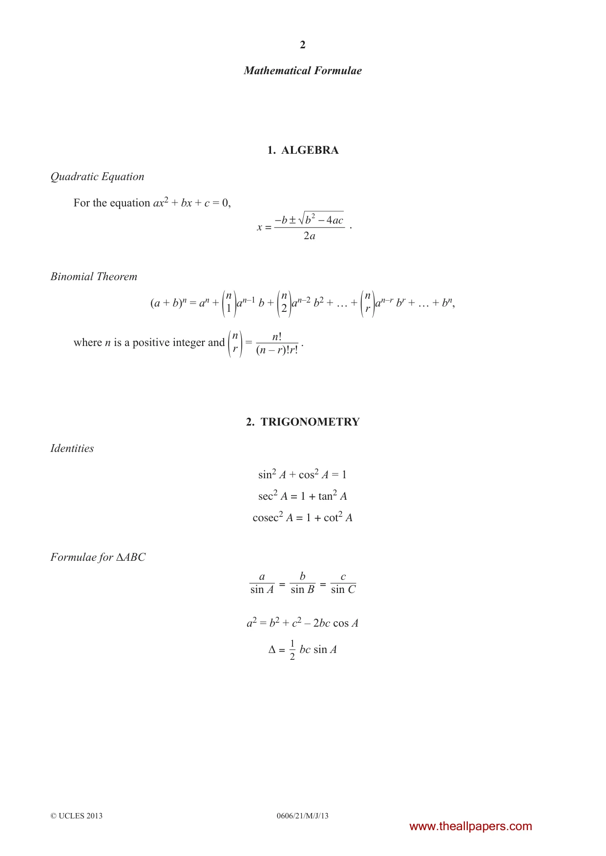 Cambridge IGCSE Mathematics - Additional 0606 2013 May/June Paper 2 · Variant 1 question paper, page 2 of 16