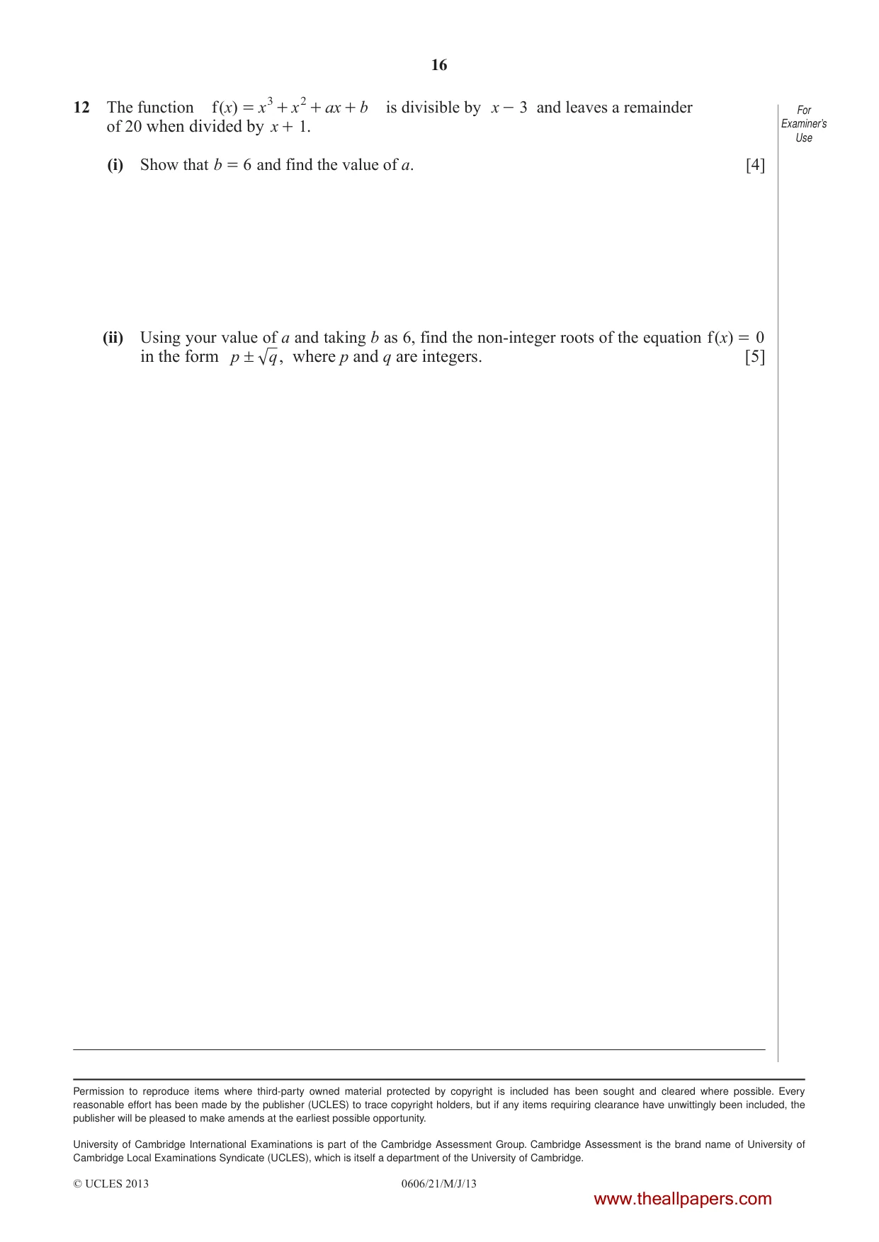 Cambridge IGCSE Mathematics - Additional 0606 2013 May/June Paper 2 · Variant 1 question paper, page 16 of 16