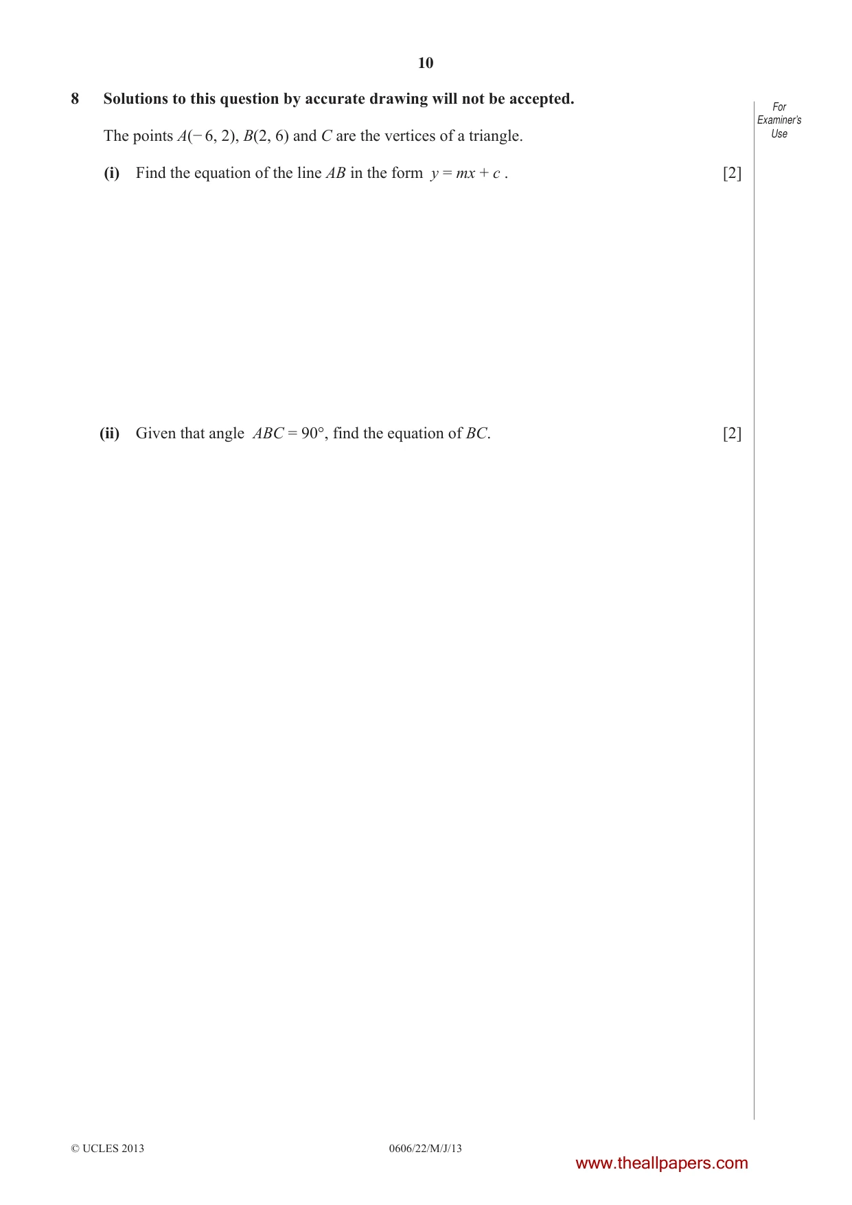 Cambridge IGCSE Mathematics - Additional 0606 2013 May/June Paper 2 · Variant 2 question paper, page 10 of 16