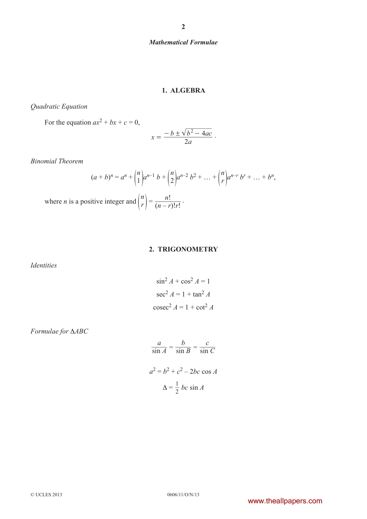 Cambridge IGCSE Mathematics - Additional 0606 2013 Oct/Nov Paper 1 · Variant 1 question paper, page 2 of 16