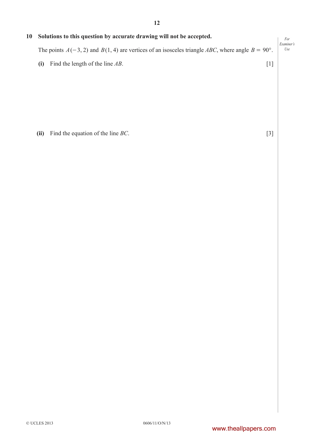 Cambridge IGCSE Mathematics - Additional 0606 2013 Oct/Nov Paper 1 · Variant 1 question paper, page 12 of 16