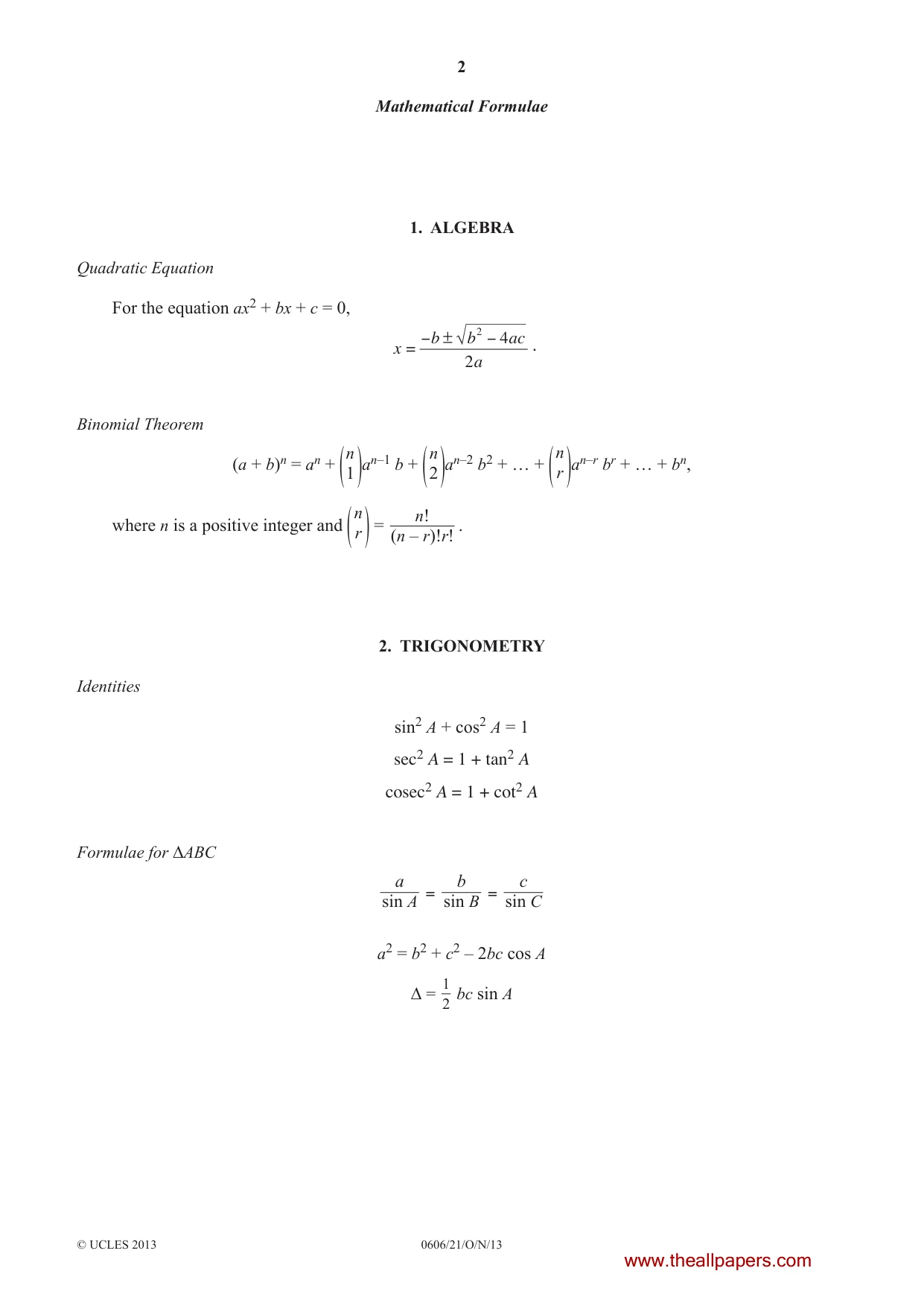 Cambridge IGCSE Mathematics - Additional 0606 2013 Oct/Nov Paper 2 · Variant 1 question paper, page 2 of 20