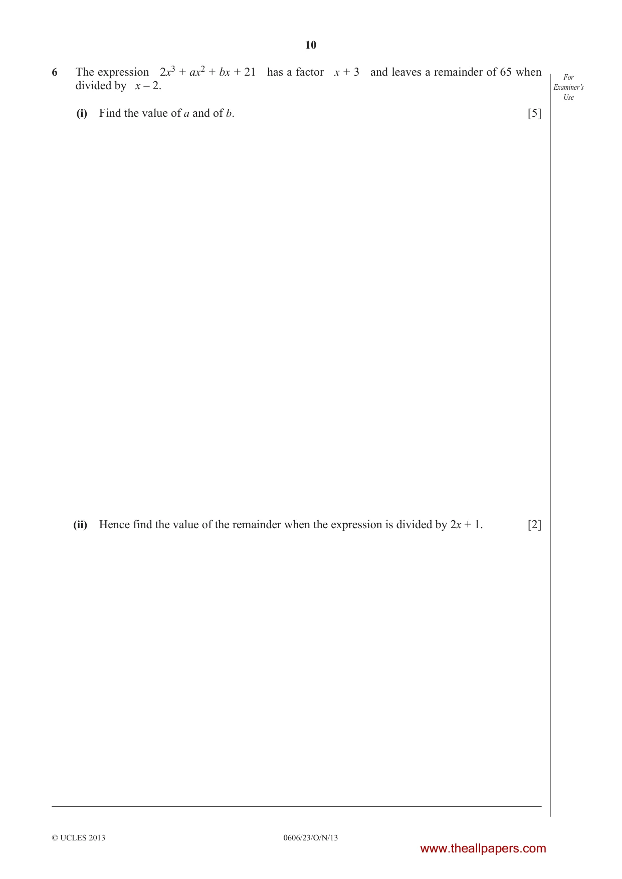 Cambridge IGCSE Mathematics - Additional 0606 2013 Oct/Nov Paper 2 · Variant 3 question paper, page 10 of 20