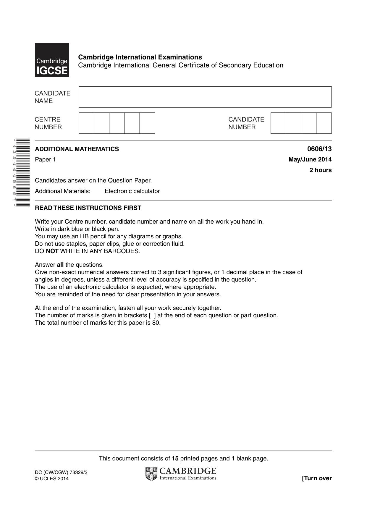 Cambridge IGCSE Mathematics - Additional 0606 2014 May/June Paper 1 · Variant 3 question paper, page 1 of 16