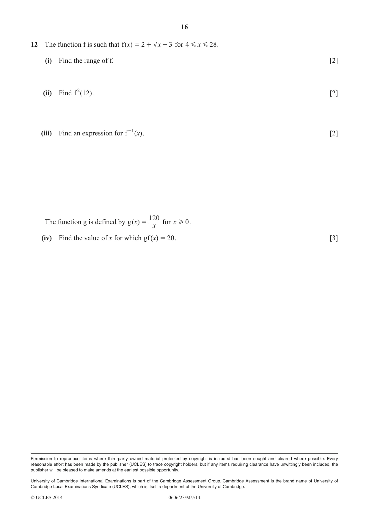 Cambridge IGCSE Mathematics - Additional 0606 2014 May/June Paper 2 · Variant 3 question paper, page 16 of 16