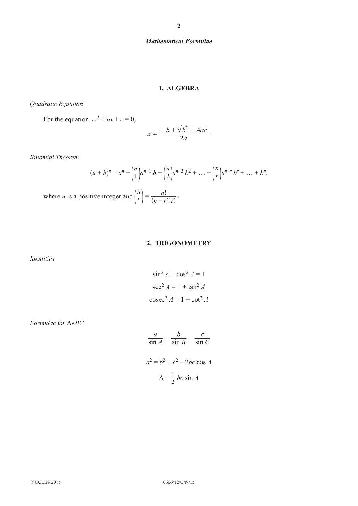 Cambridge IGCSE Mathematics - Additional 0606 2015 Oct/Nov Paper 1 · Variant 2 question paper, page 2 of 16