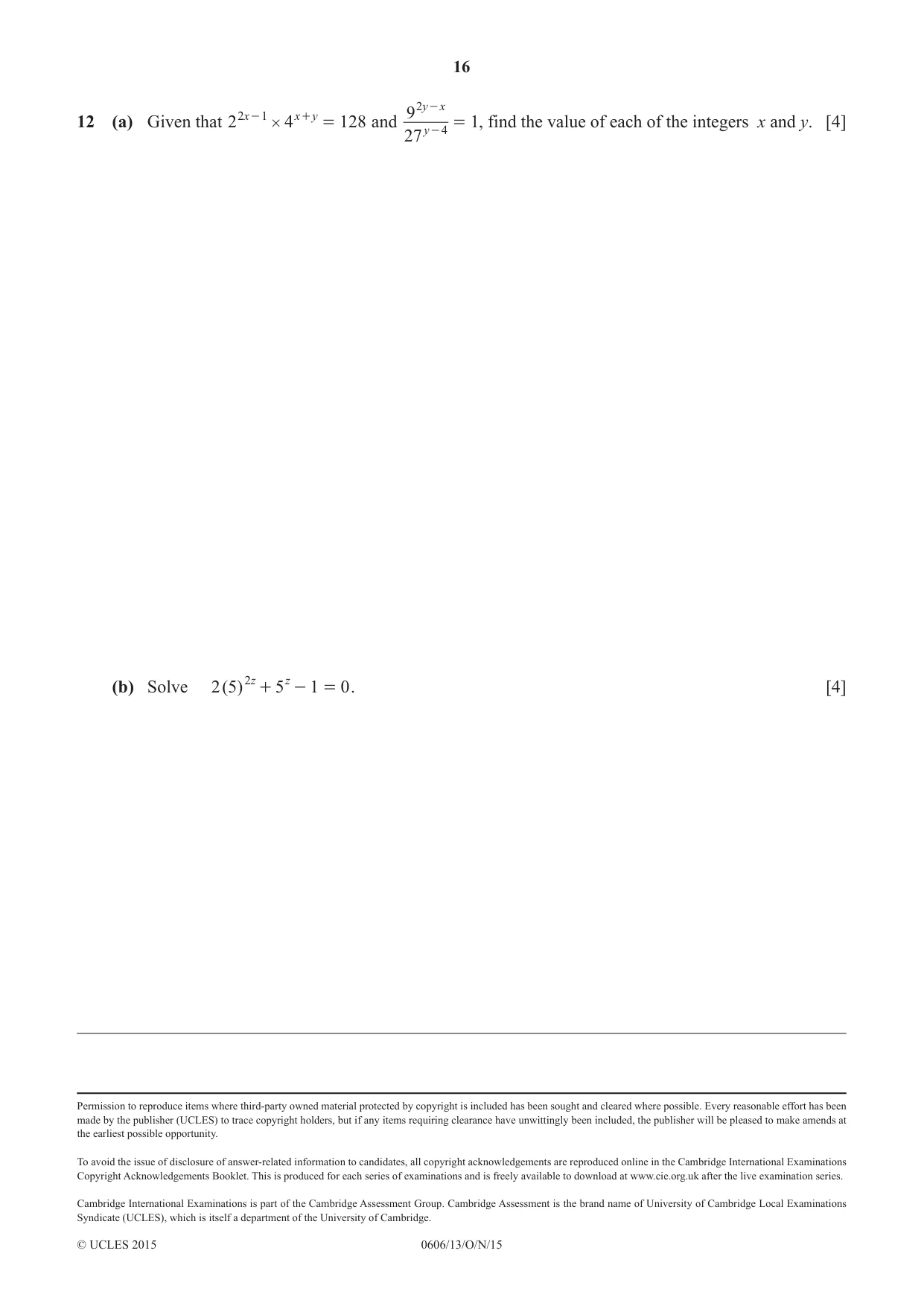 Cambridge IGCSE Mathematics - Additional 0606 2015 Oct/Nov Paper 1 · Variant 3 question paper, page 16 of 16