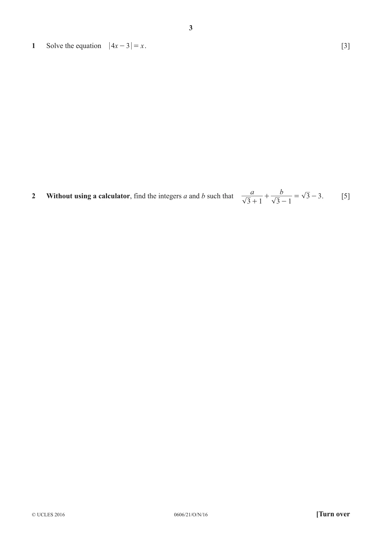 Cambridge IGCSE Mathematics - Additional 0606 2016 Oct/Nov Paper 2 · Variant 1 question paper, page 3 of 16