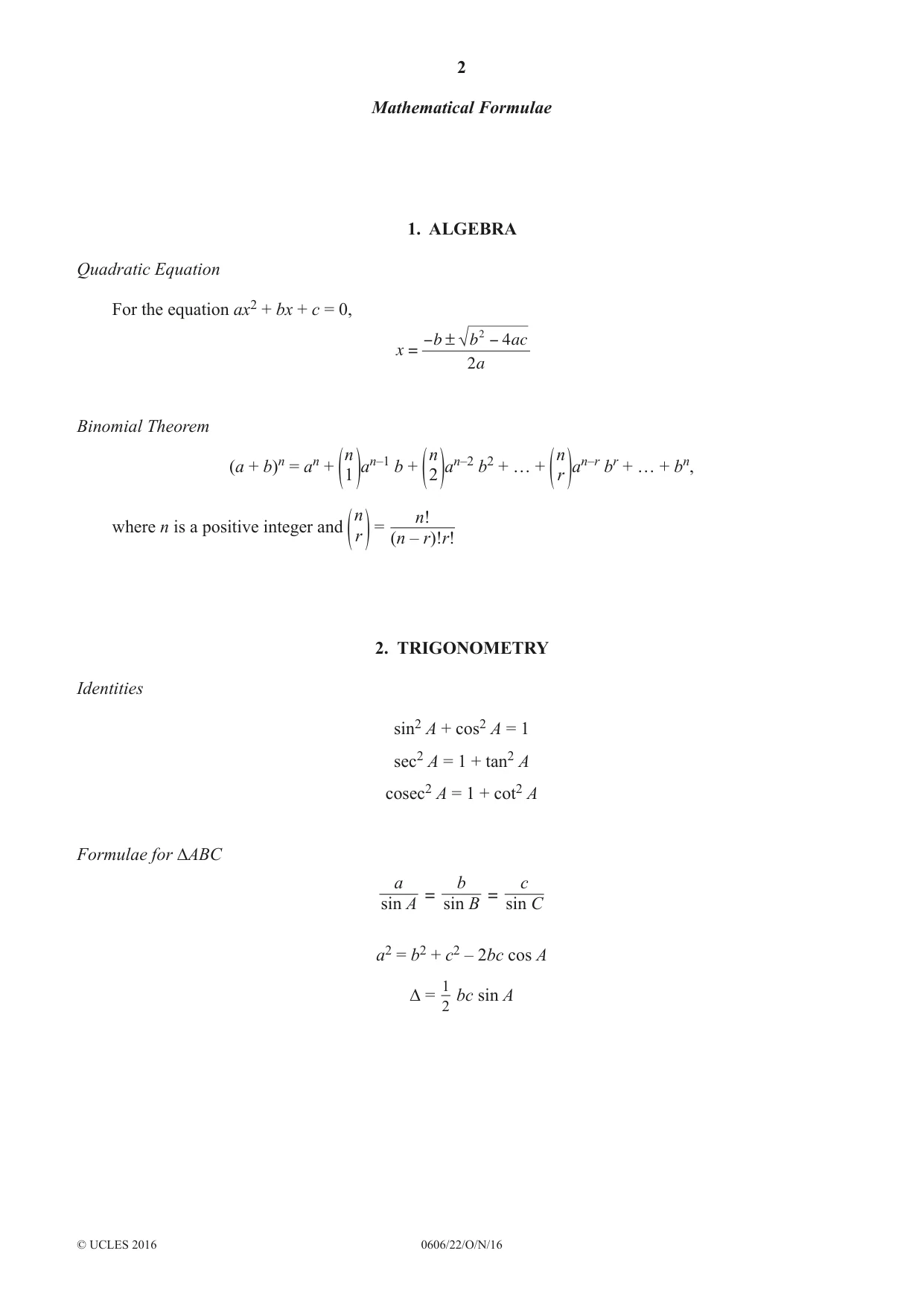 Cambridge IGCSE Mathematics - Additional 0606 2016 Oct/Nov Paper 2 · Variant 2 question paper, page 2 of 16