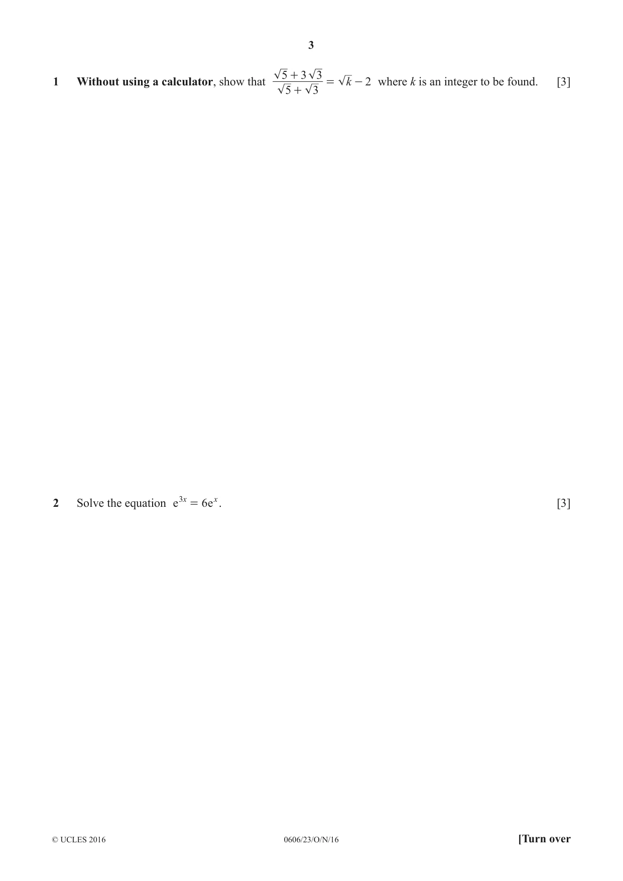Cambridge IGCSE Mathematics - Additional 0606 2016 Oct/Nov Paper 2 · Variant 3 question paper, page 3 of 16