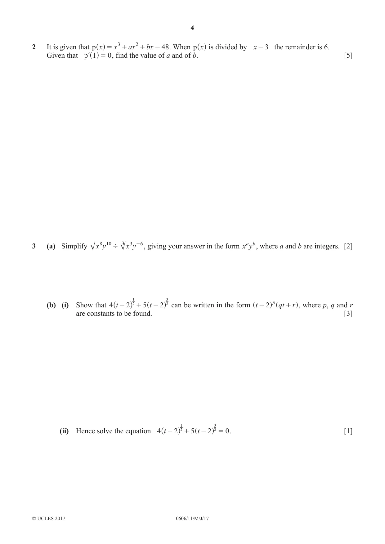 Cambridge IGCSE Mathematics - Additional 0606 2017 May/June Paper 1 · Variant 1 question paper, page 4 of 12