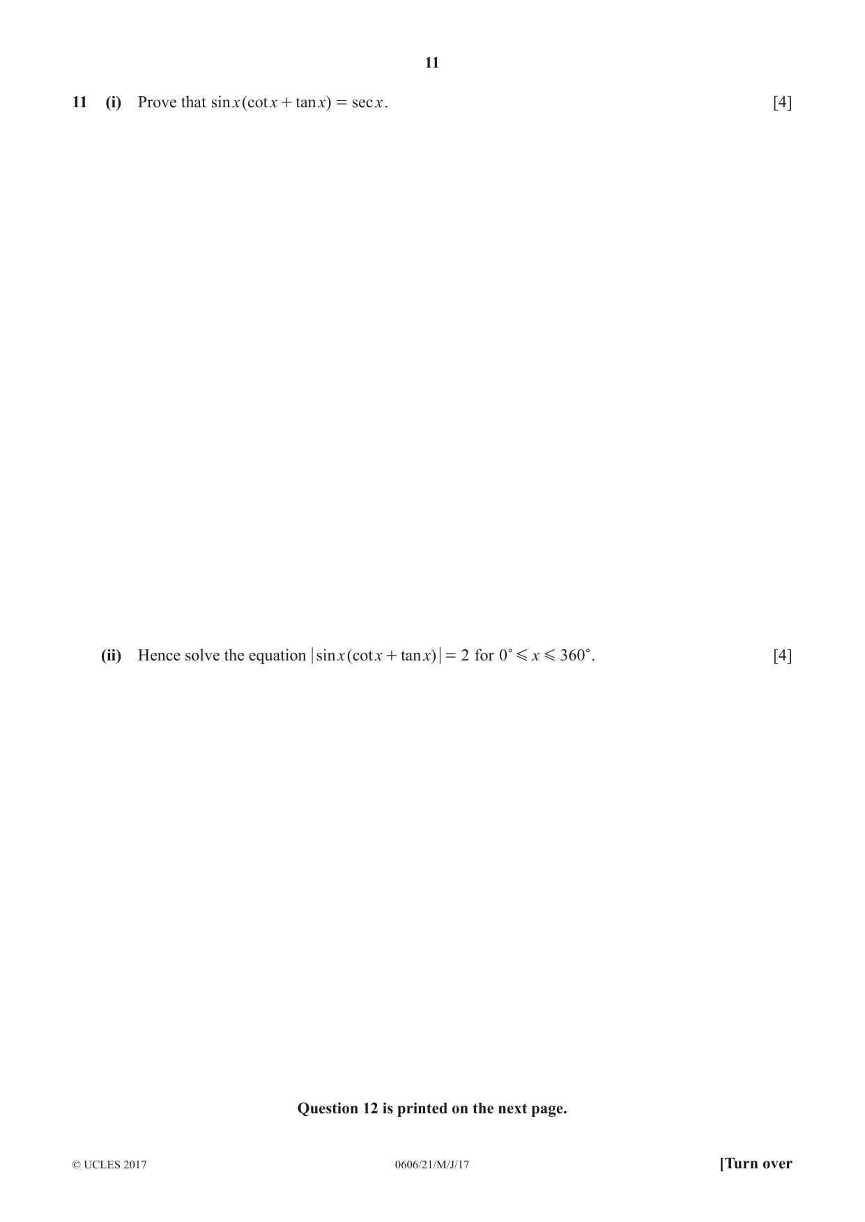 Cambridge IGCSE Mathematics - Additional 0606 2017 May/June Paper 2 · Variant 1 question paper, page 11 of 12